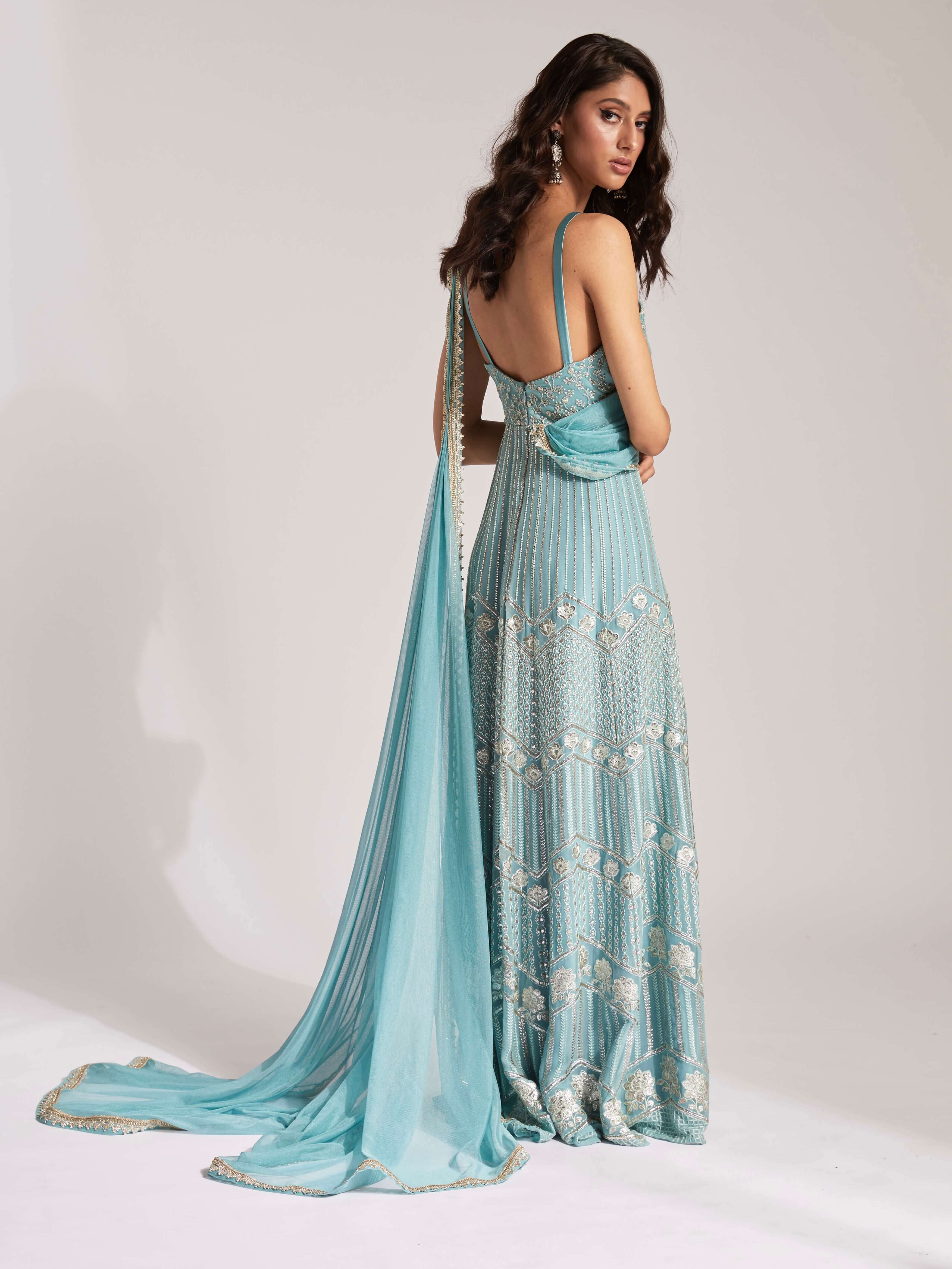 AYNS51 Pre Draped Saree Style Dress with Sequin Cut dana Embroidery, Attached  dupatta & Belt – Chhabra 555