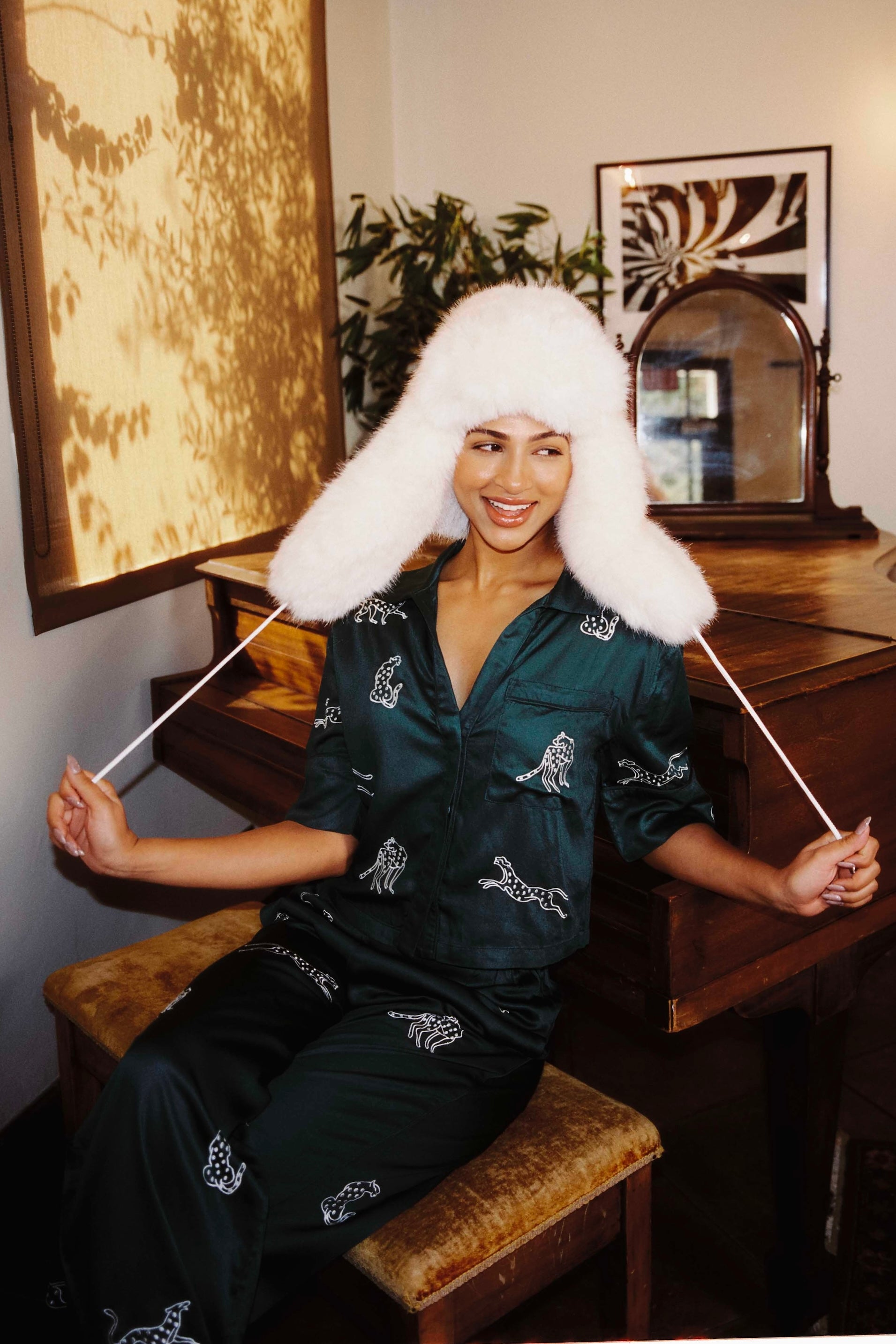 Classic loungewear set in emerald with embroidered leopards.