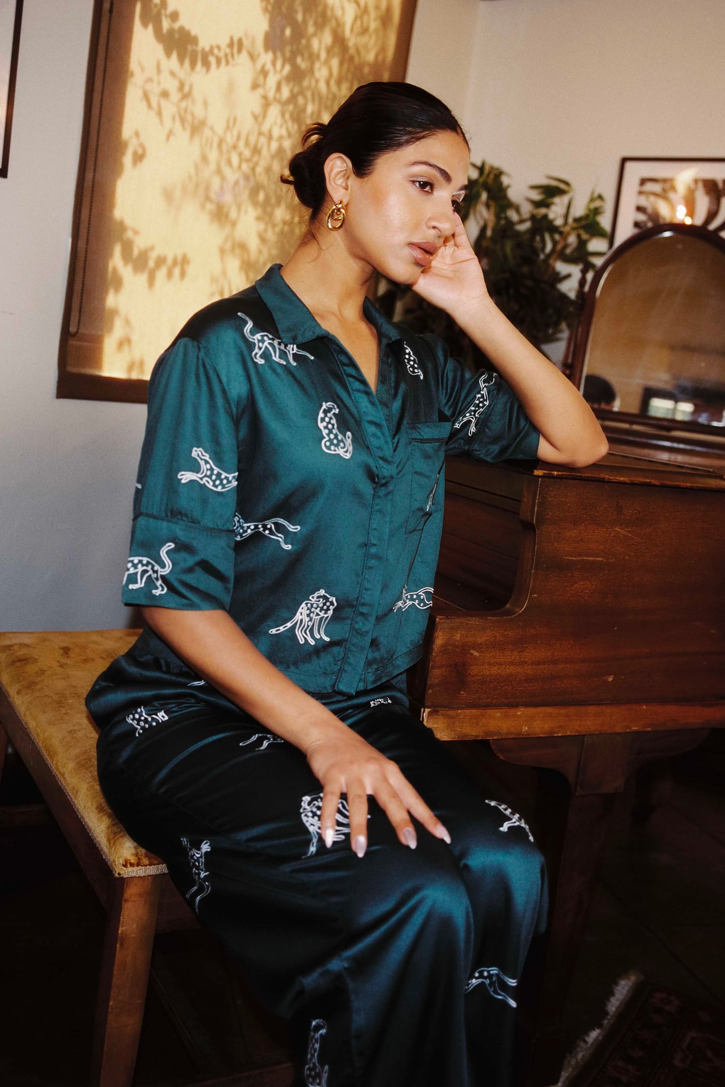 Classic loungewear set in emerald with embroidered leopards.