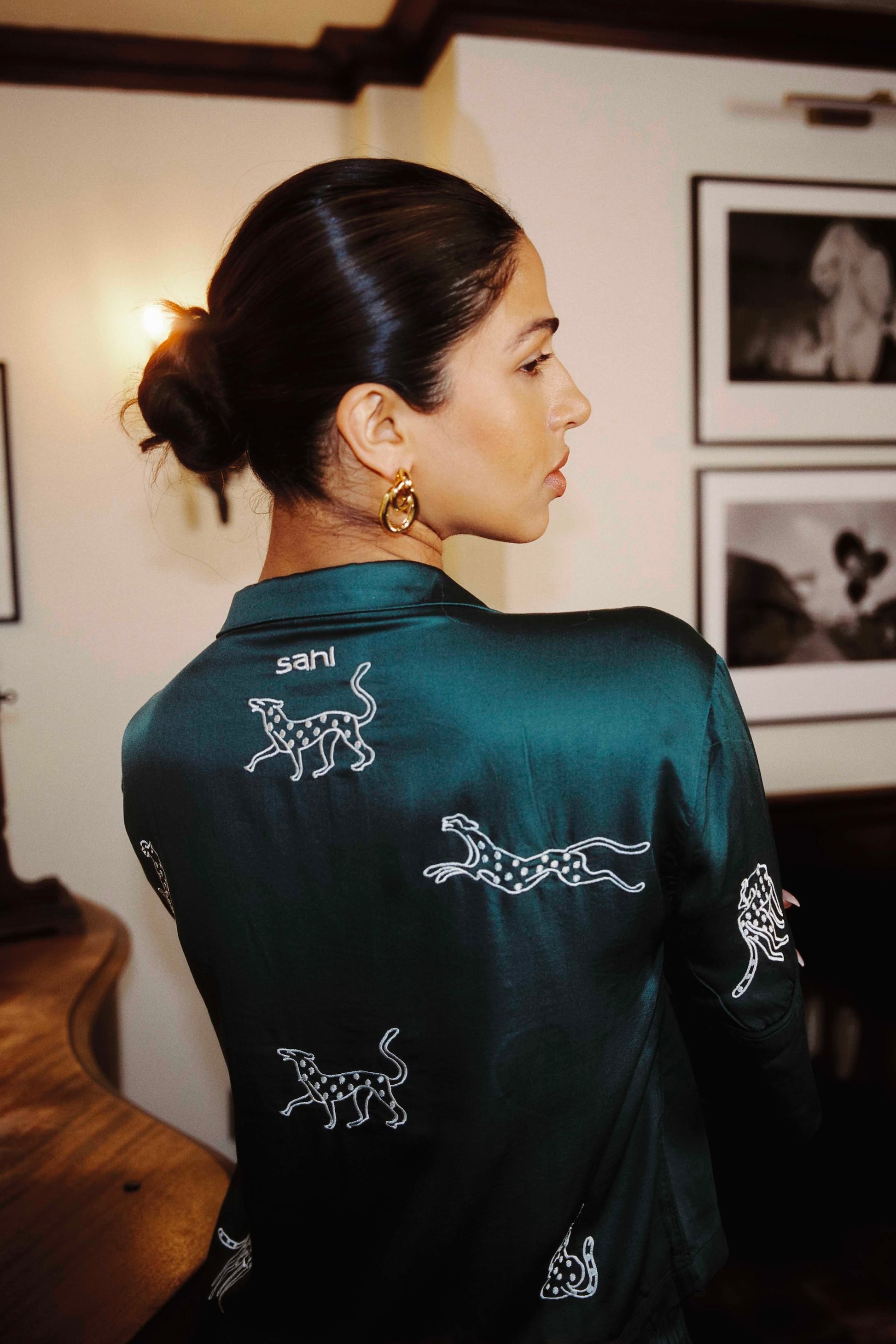 Classic loungewear set in emerald with embroidered leopards.