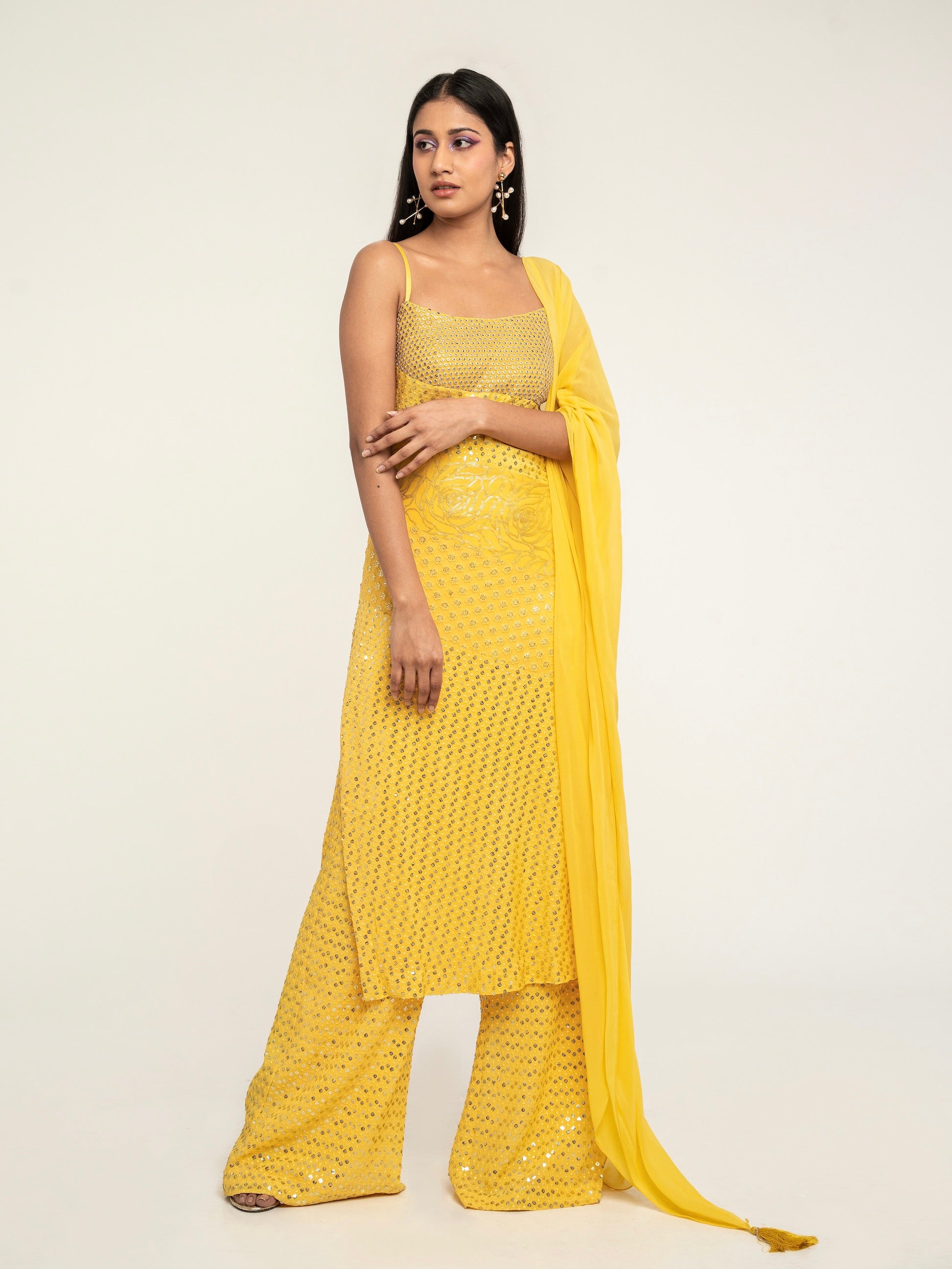 Girls Cream Chinon Crop Top And Palazzo Set With Attached Dupatta