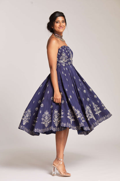 Blue tea length dress with zari embroidery 