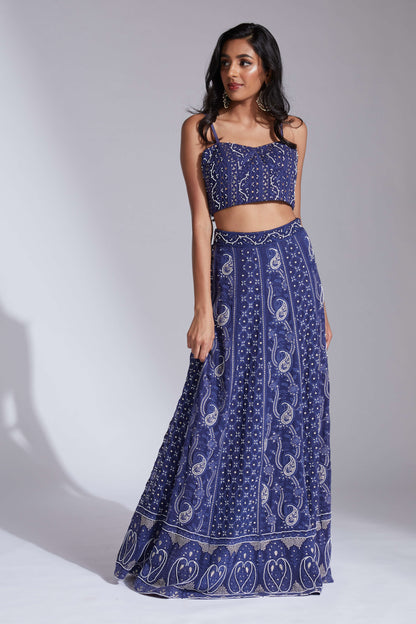 Lucknowi/chikankari blue lehenga with cutdana highlights and scallop dupatta