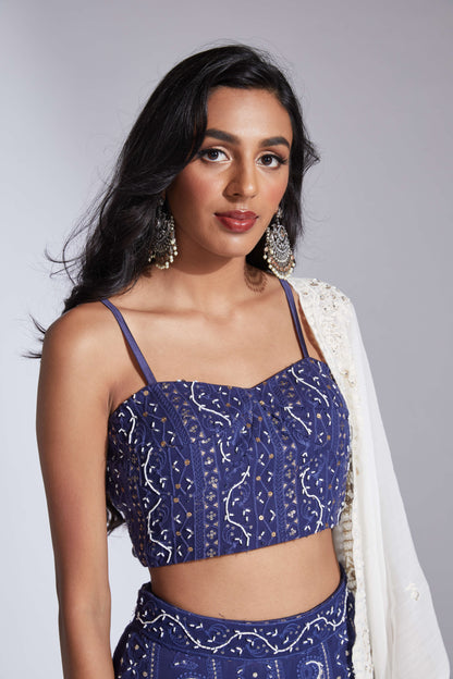 Lucknowi/chikankari blue lehenga with cutdana highlights and scallop dupatta