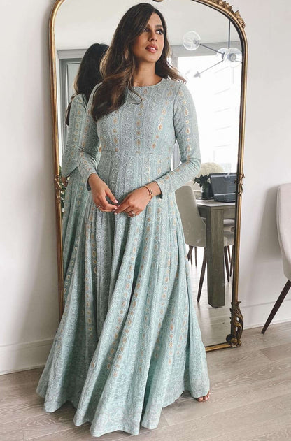 Arshia Moorjani in our Light blue with subtle gold long sleeve anarkali with soft net dupatta 