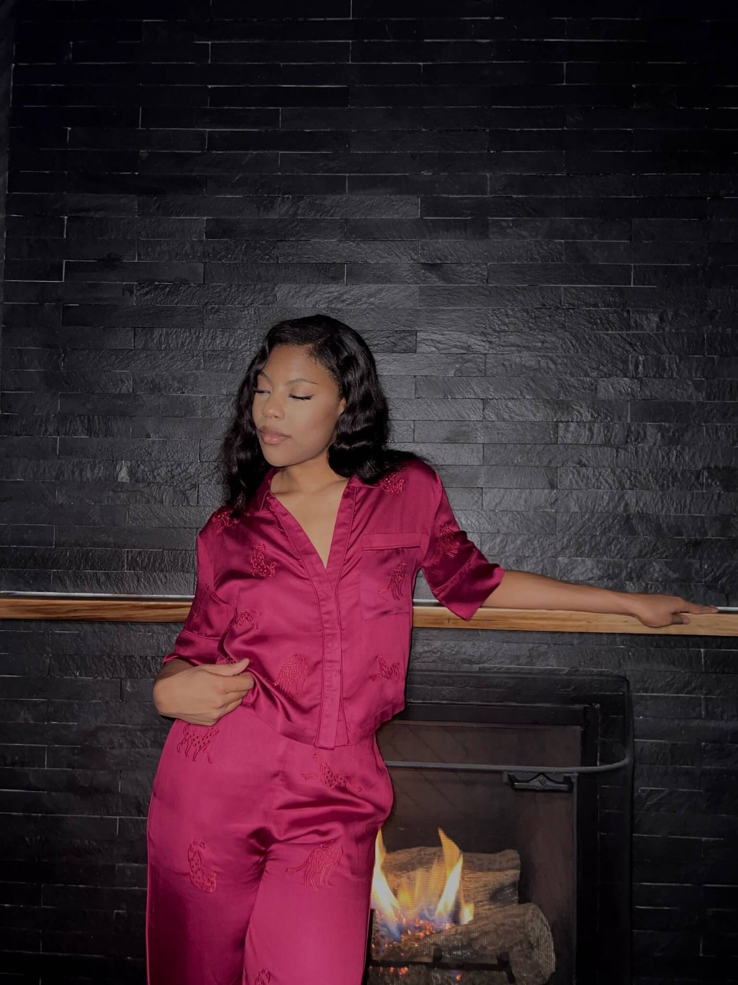 Burgundy loungewear set with embroidery