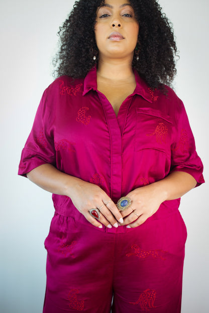 Burgundy loungewear set with embroidery